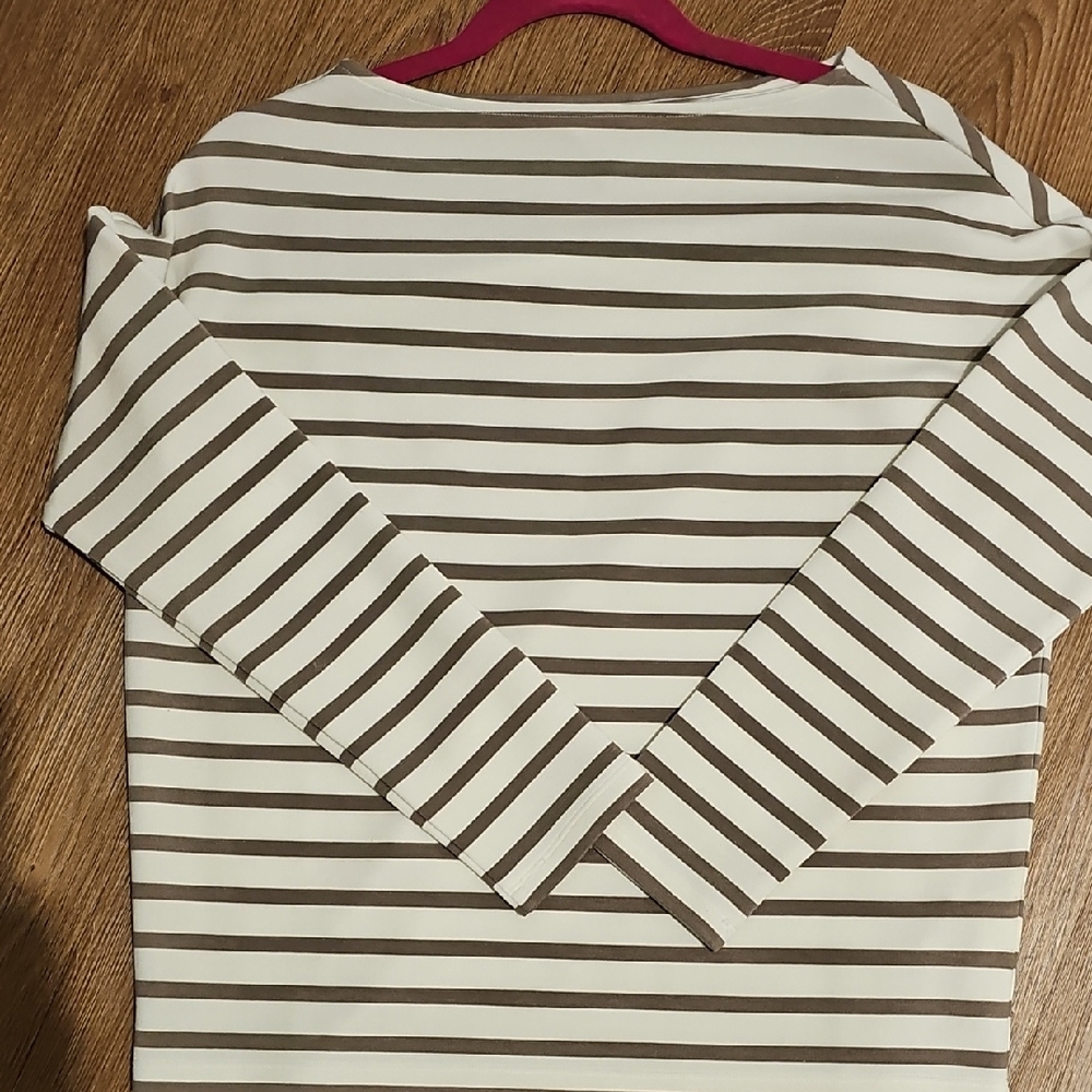 SPANX Cream and Brown Striped Long Sleeve Tee